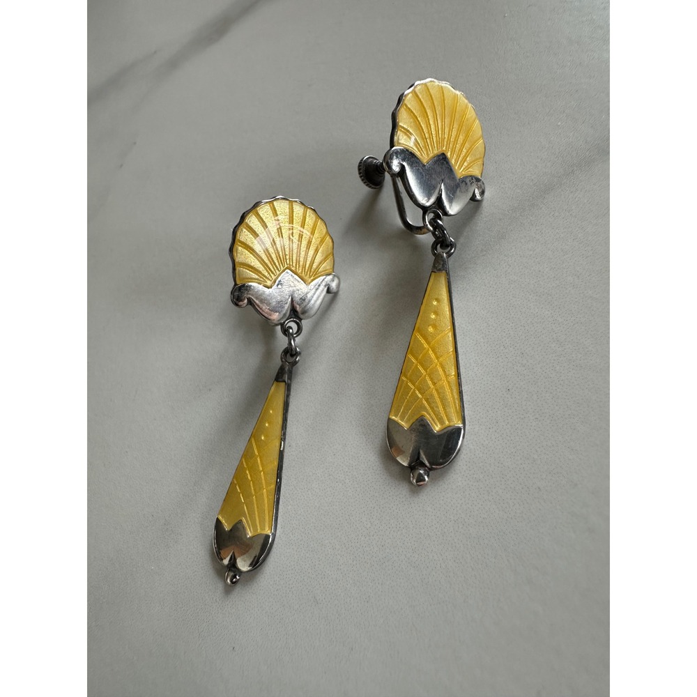 Vintage Art Deco Sterling Silver Yellow Guilloche Enamel Drop Earrings Fan